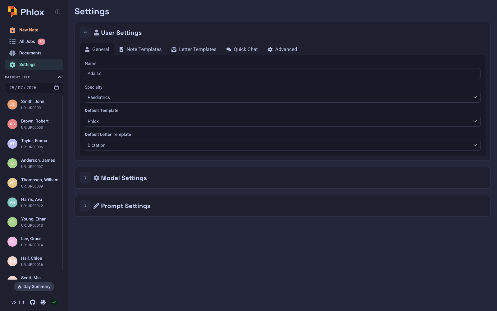 Settings page