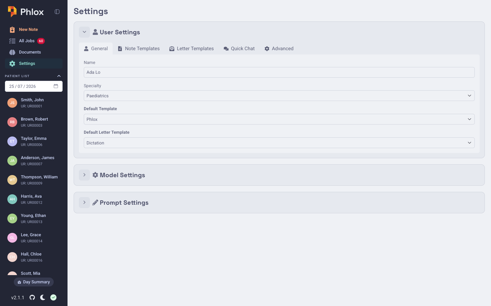 Settings page